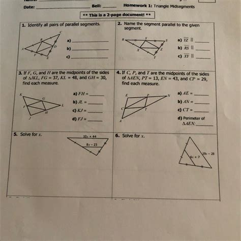 <b>Midsegments</b> of <b>Triangles</b> HPTER10 Perpendicular and Parallel Line Segments Worksheet <b>1</b> Drawing Perpendicular Line Segments Fill in the blanks with perpendicular or parallel. . Unit 5 homework 1 triangle midsegments answer key